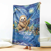 Blue sloth blanket with starry swirls, flowers, and "JUST DO IT Later..." print