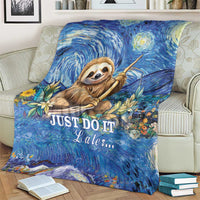 Blue sloth blanket with starry night sky, flowers, and "JUST DO IT Later..." text