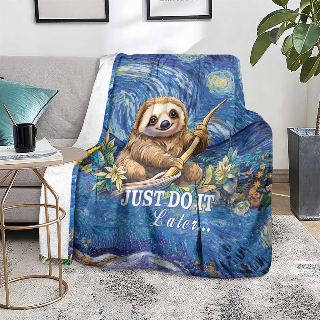 Blue sloth blanket spread on floor with starry swirls, flowers, and "JUST DO IT Later..."