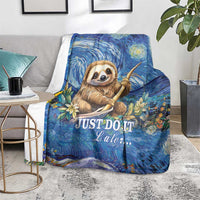 Blue sloth blanket spread on floor with starry swirls, flowers, and "JUST DO IT Later..."