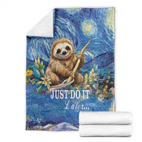 Blue sloth blanket with starry night art, floral accents, and "JUST DO IT Later..."