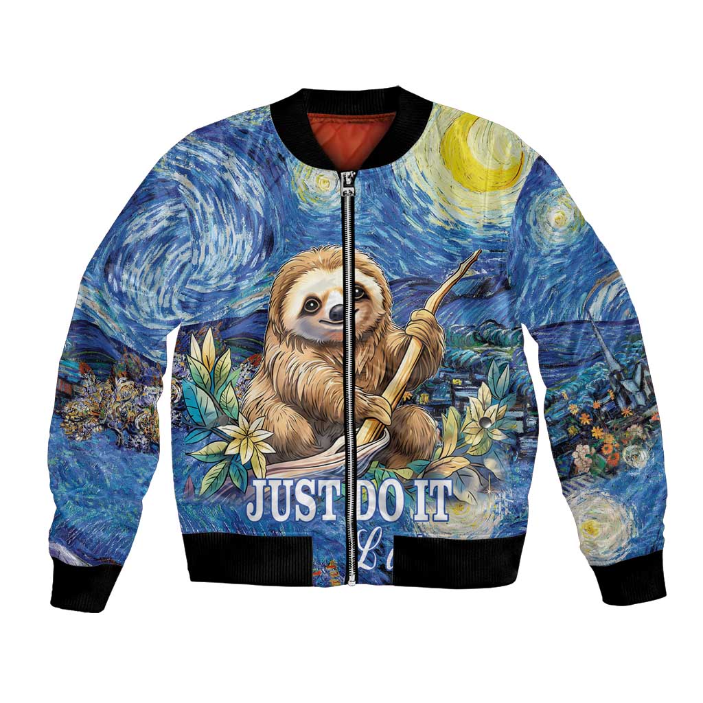 Blue bomber jacket with sloth starry night graphic and 'JUST DO IT' print