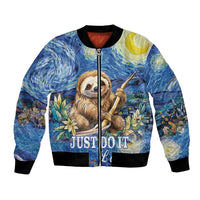 Blue bomber jacket with sloth starry night graphic and 'JUST DO IT' print