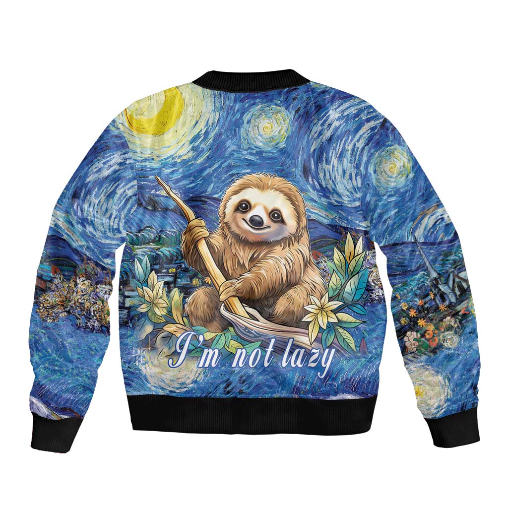 Blue bomber jacket with sloth starry night graphic and 'I'm not lazy' print