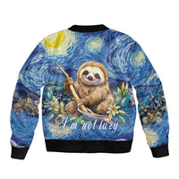 Blue bomber jacket with sloth starry night graphic and 'I'm not lazy' print