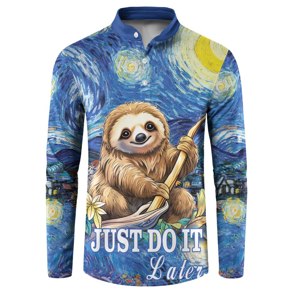Blue button-front sweatshirt with sloth graphic and 'Just do it later' text