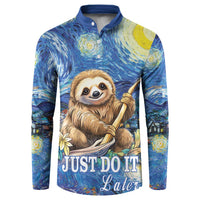 Blue button-front sweatshirt with sloth graphic and 'Just do it later' text