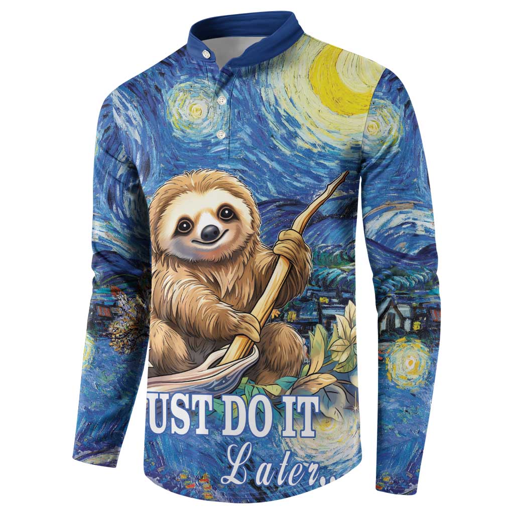Blue button-front sweatshirt with sloth holding feather and 'Just do it' text