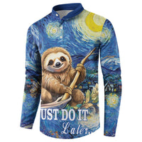 Blue button-front sweatshirt with sloth holding feather and 'Just do it' text