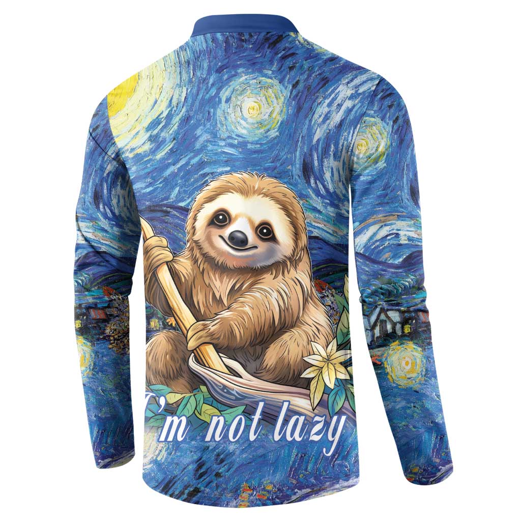 Blue button-front sweatshirt with back sloth graphic and 'I'm not lazy' text