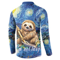 Blue button-front sweatshirt with back sloth graphic and 'I'm not lazy' text