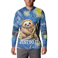 Blue button-front sweatshirt with sloth 'Just do it later' front print