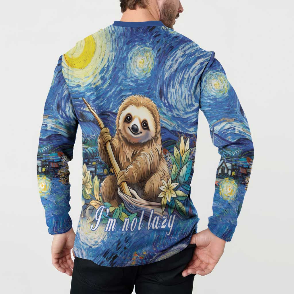 Blue button-front sweatshirt with back sloth graphic and 'I'm not lazy' text