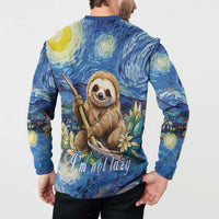 Blue button-front sweatshirt with back sloth graphic and 'I'm not lazy' text