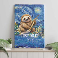 Blue sloth canvas wall art featuring a curled sloth holding a leaf branch and “JUST DO IT Later...”.