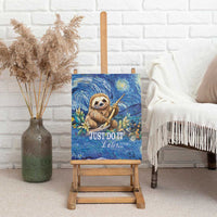 Blue sloth canvas wall art leaning on an easel, with starry swirl background and “JUST DO IT Later...”.