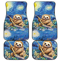 Blue sloth car floor mats set with starry night art, flowers, and “I'm not lazy” text