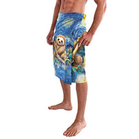 Men's blue printed sloth elastic-waist shorts, side view with leaf pattern