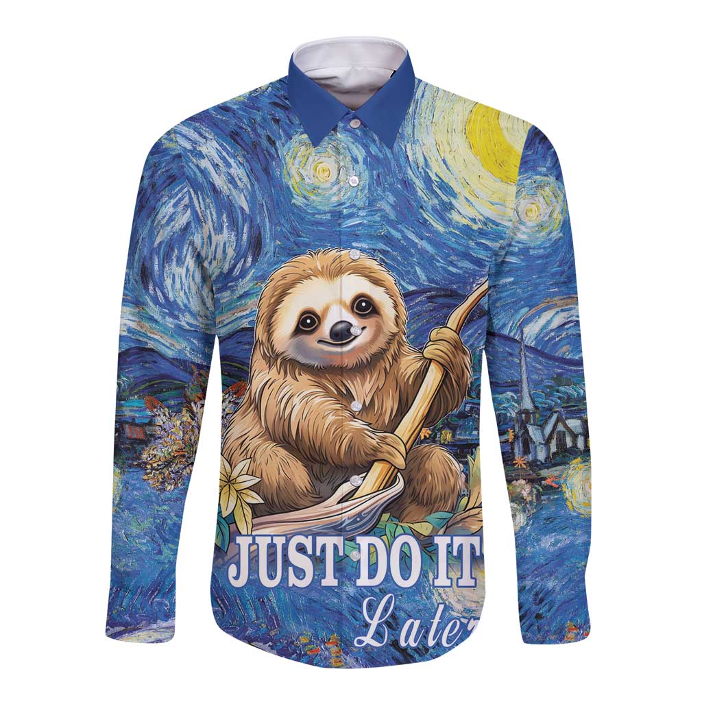 Blue long-sleeve button shirt with sloth, starry night print and “JUST DO IT Later”