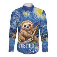 Blue long-sleeve button shirt with sloth, starry night print and “JUST DO IT Later”
