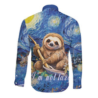 Blue long-sleeve button shirt with sloth holding leaf, starry night print on back