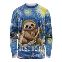 Blue long-sleeve shirt with sloth graphic and 'I’m not lazy' text, crew neck