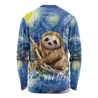 Blue long-sleeve shirt back view with sloth holding quill and 'I’m not lazy' text