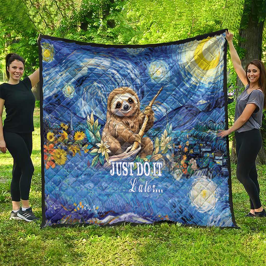 Blue sloth quilt held outdoors, starry floral print with "Just Do It Later..."