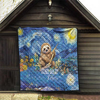 Blue sloth quilt hanging, starry blue floral print with sloth and "Just Do It Later..."