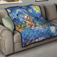 Blue sloth quilt on sofa, quilted starry blue floral print with "Just Do It Later..."