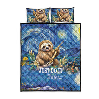 Sloth-themed blue quilt bed set with 2 matching pillow covers, sloth and floral print