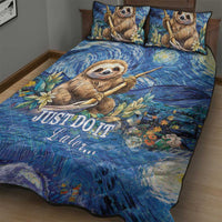 Sloth-themed blue quilt bed set with sloth portrait and 2 matching pillow covers