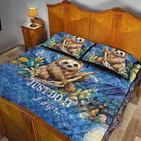 Sloth-themed blue quilt bed set with multiple sloth prints on quilt and 2 pillow covers