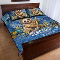 Sloth-themed blue quilt bed set with large sloth artwork on comforter and 2 pillows