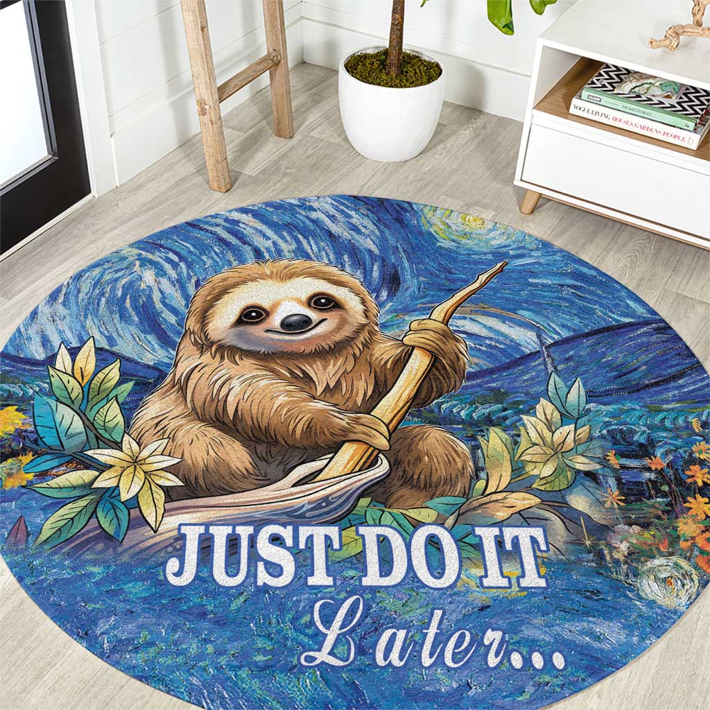 Round blue sloth rug with hammock-style pose and 'JUST DO IT Later...' text