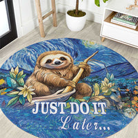 Round blue sloth rug with hammock-style pose and 'JUST DO IT Later...' text