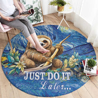 Round blue sloth rug with 'JUST DO IT Later...' slogan and leaf border details