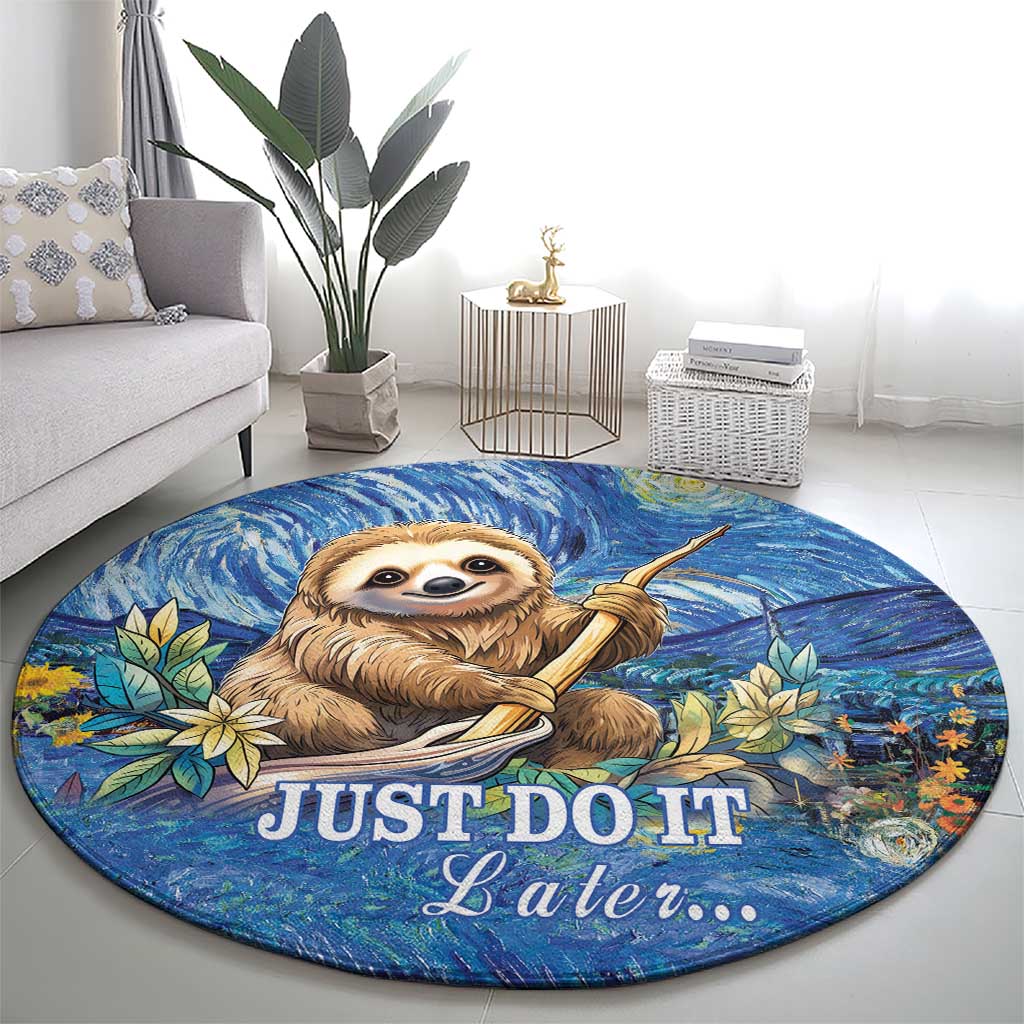 Blue round sloth rug with 'JUST DO IT Later...' text and starry night waves