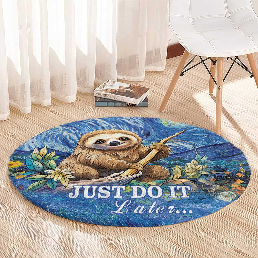 Round blue sloth area rug with 'JUST DO IT Later...' lettering and leaf accents
