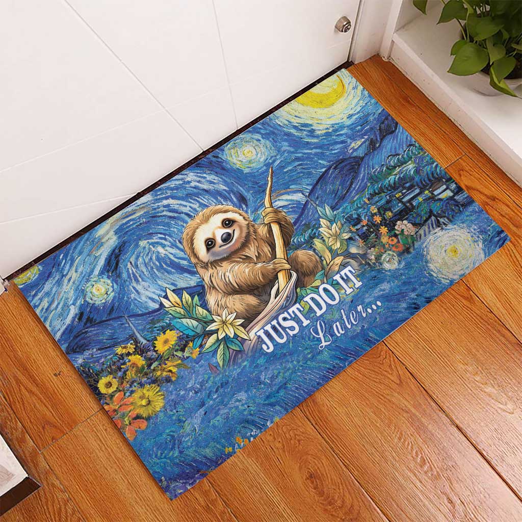 Blue rubber doormat with sloth Starry Night scene and 'JUST DO IT Later...' wording