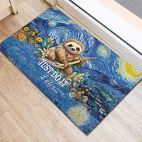 Blue rubber doormat with sloth holding leaves, Starry Night background and 'JUST DO IT' text