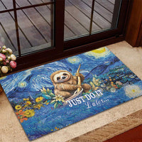 Blue rubber doormat with sloth Starry Night image and 'JUST DO IT Later...' near door
