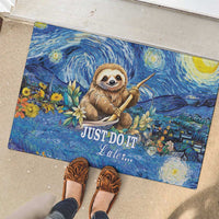 Blue rubber doormat with central sloth and Starry Night swirls, 'JUST DO IT Later...'