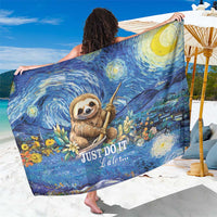 Blue sloth-themed sarong with large center sloth and 'JUST DO IT Later' quote print