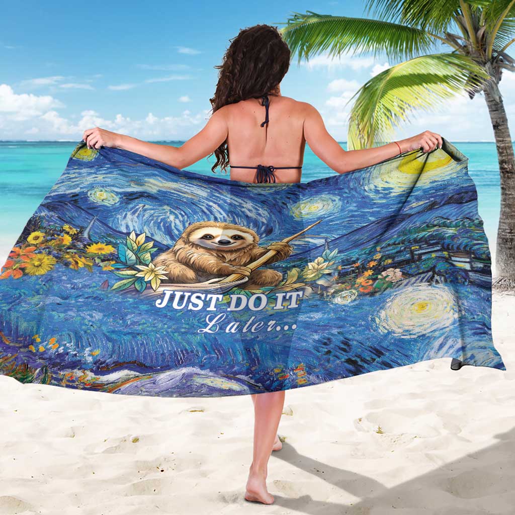 Blue sloth-themed sarong with starry night print, floral swirls and 'JUST DO IT Later' text