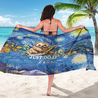 Blue sloth-themed sarong with starry night print, floral swirls and 'JUST DO IT Later' text