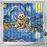 Blue shower curtain showing sloth riding a ribbon in starry sky, with 'JUST DO IT Late...' text