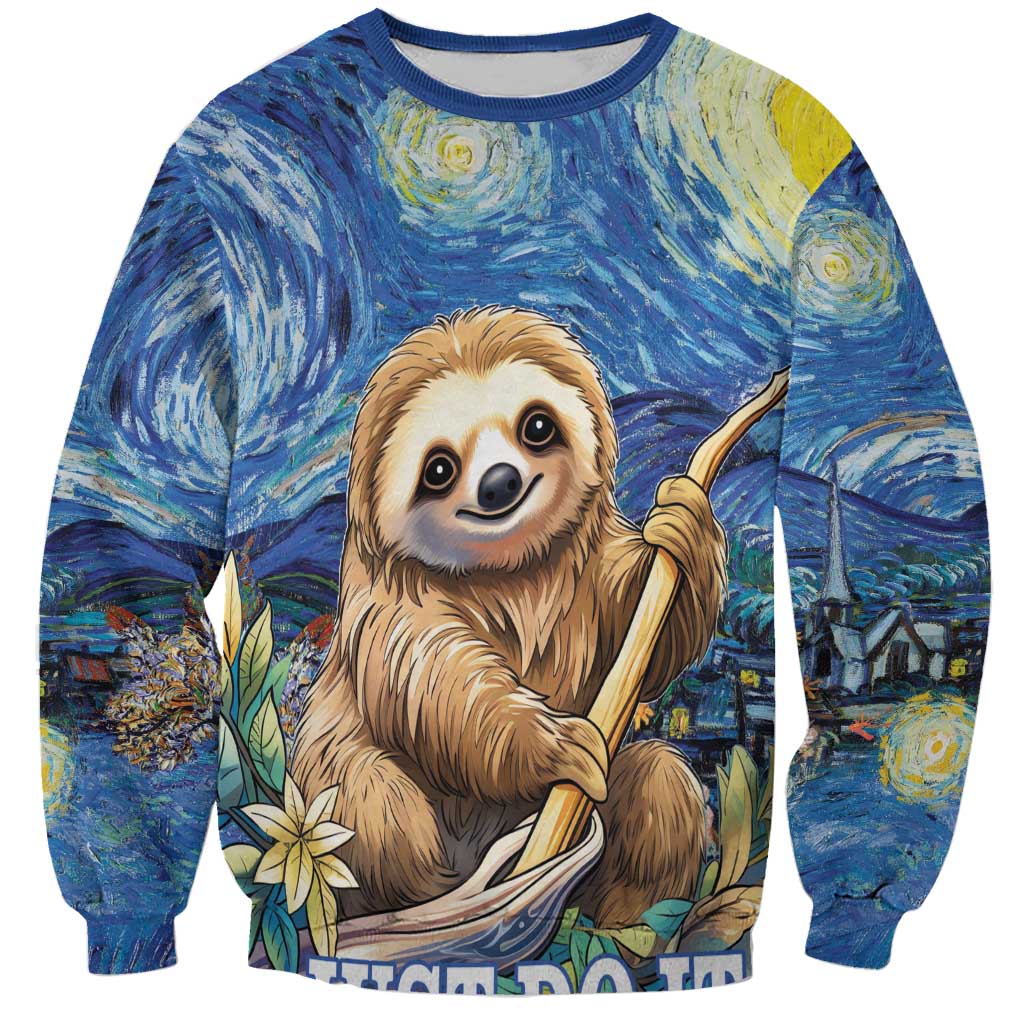 Blue unisex sweatshirt with sloth holding leaf, starry night print, ribbed crew neck