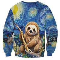 Blue unisex sweatshirt with sloth holding wand, starry night print, ribbed crew neck