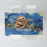Blue tablecloth with sloth illustration and “JUST DO IT Later...” printed text